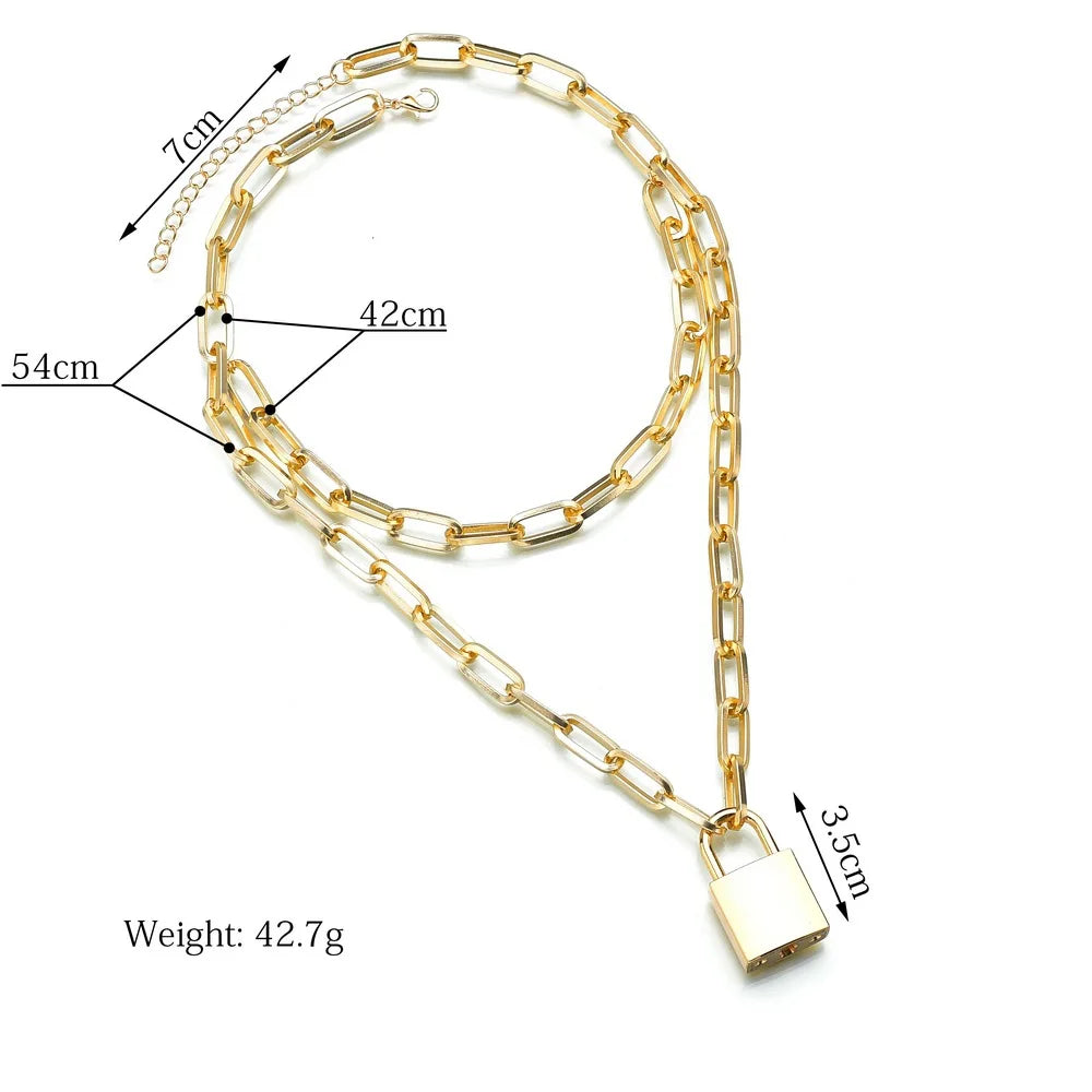 Two-Tone Lock Pendant Double Layer Chain Necklace