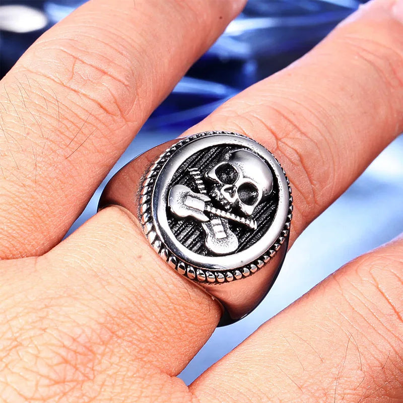 Cool Guitar Skull Ring Gold/Silver Color Stainless Steel Biker Skull Ring Men Punk Rock Signet Ring Jewelry Party Best Gift