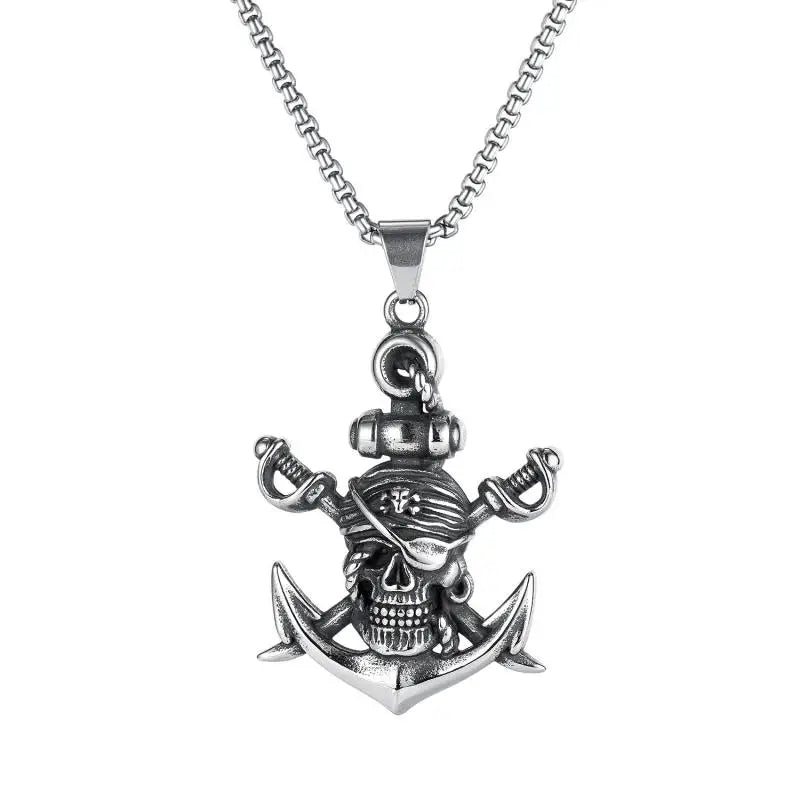 Vintage Japanese Double Swords Pirate Skull Pendant Necklace for Men Hip-Hop Pirate Boat Flag Logo Pendant Neck Chain