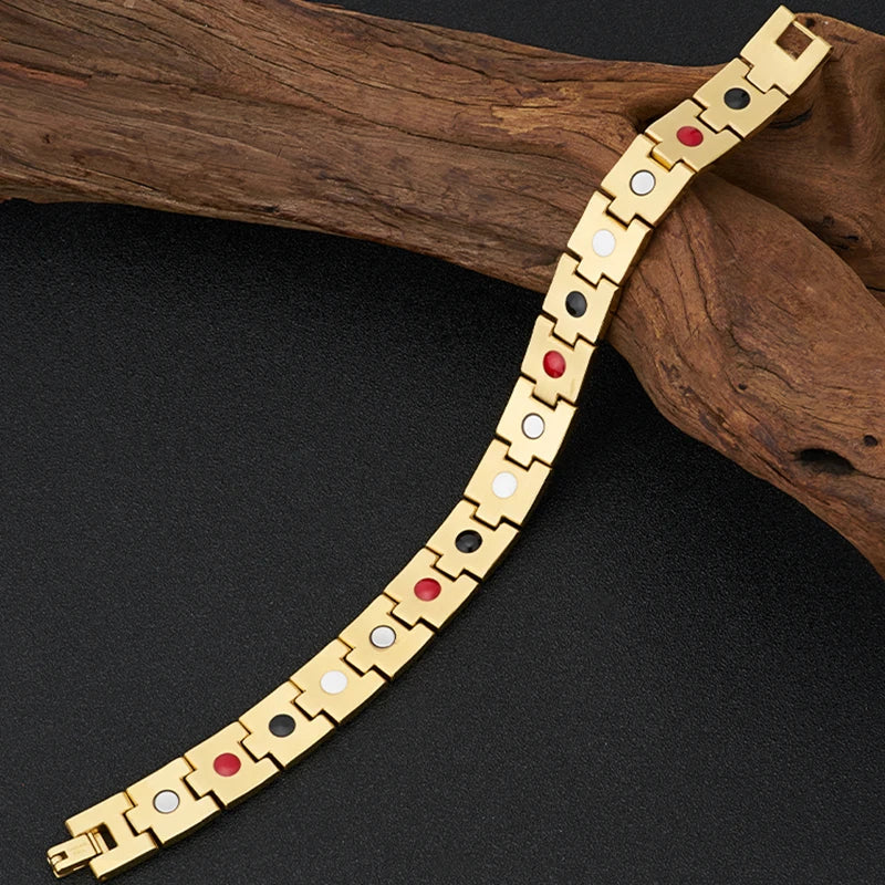 Gold Color Stainless Steel 4 In 1 Magnetic Therapy Bracelet for Man Arthritis Pain Relief and Carpal Tunnel Men's Boys