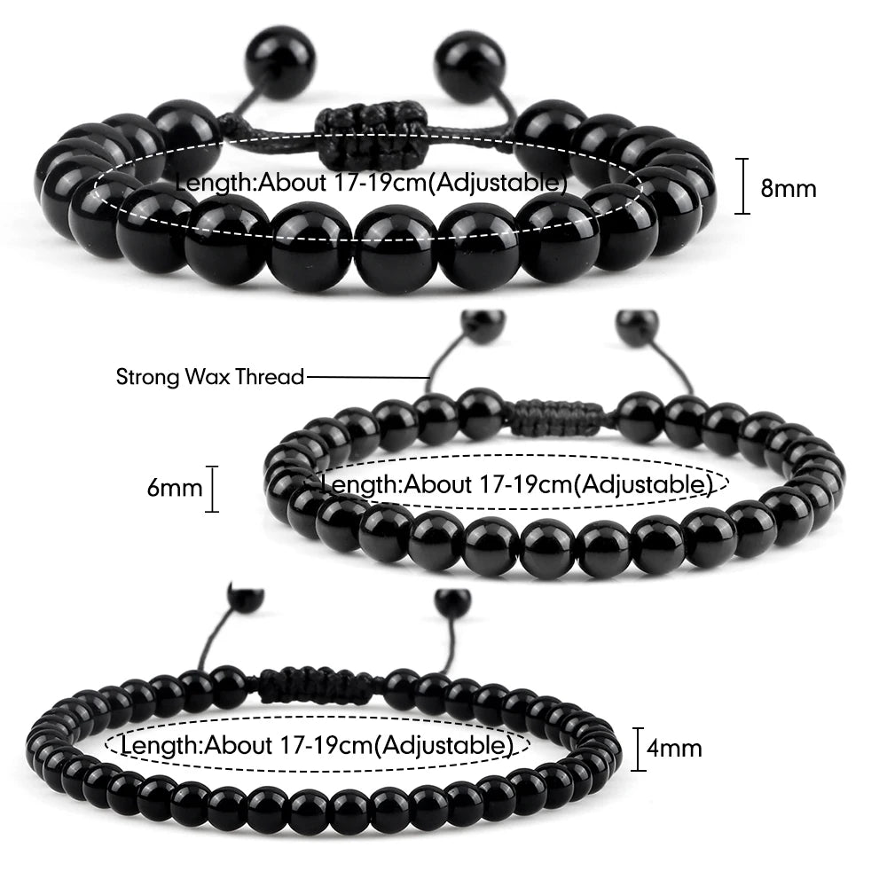 Beaded Bracelet 4 6 8mm Natural Stone Shiny Black Onyx Beads Bracelets & Bangles Adjustable Size Obsidian Wrist Jewelry