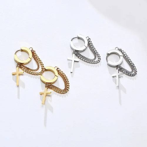 Cross Huggie Hoop Earrings — Stainless
