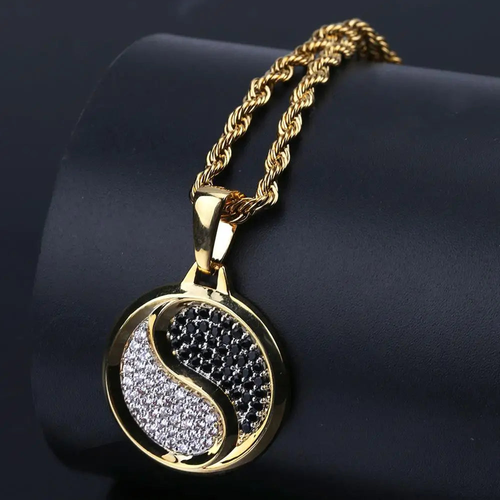 Iced Out Yin Yang Tai Chi Round Pendant Necklace