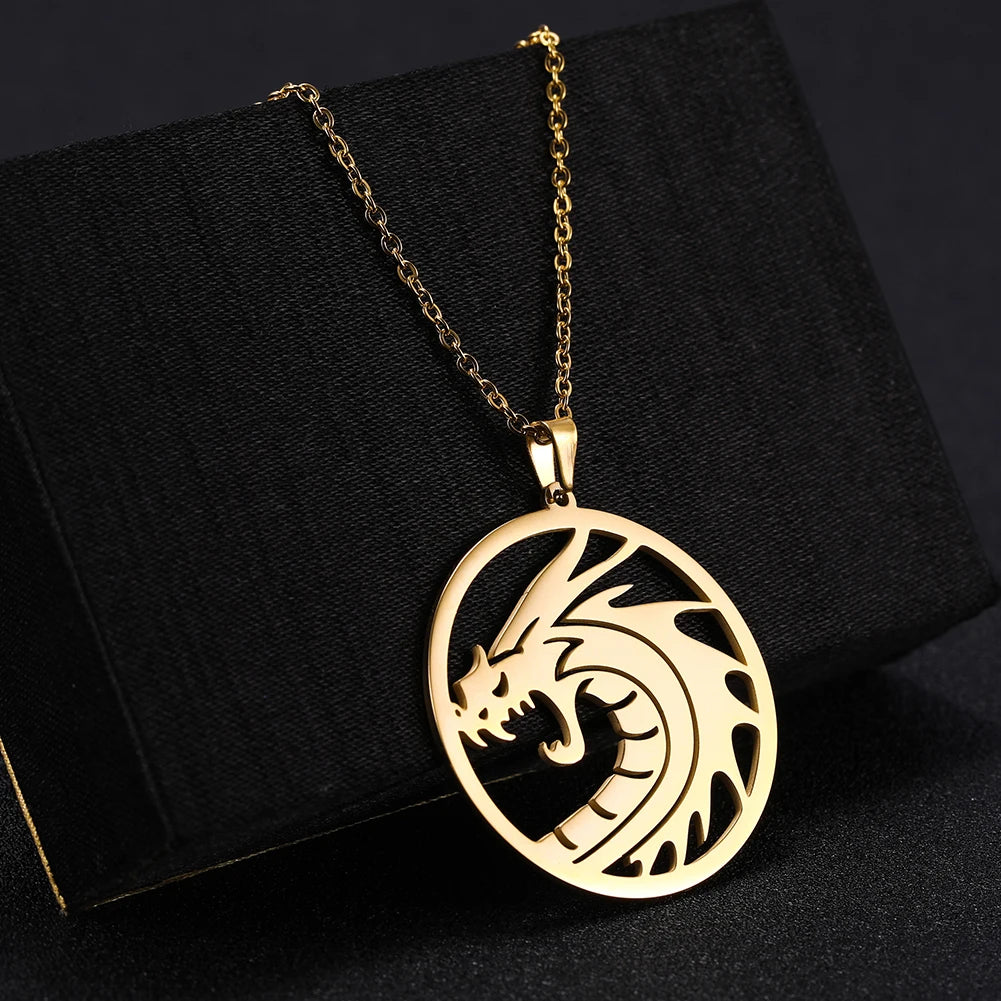Skyrim Chinese Dragon Round Pendant Necklace 316L Stainless Steel Gold Color Statement Chain Necklaces Jewelry for Men