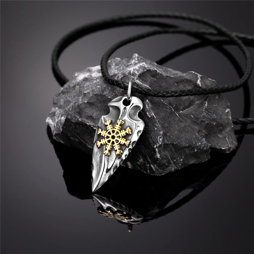 Viking Rune Shield Necklace Men Gold Color Antique Steel Norse Spear Trident Amulet Self-defense Pendant Never Fade