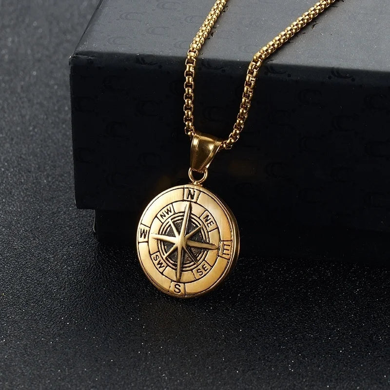 Viking Round Compass Sliding Pendant Necklace — Zinc Alloy