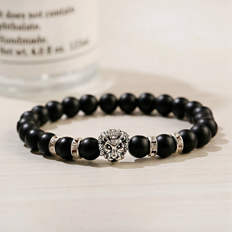 Classic Lion Head Beaded Bracelet — Black Matte & Color Beads