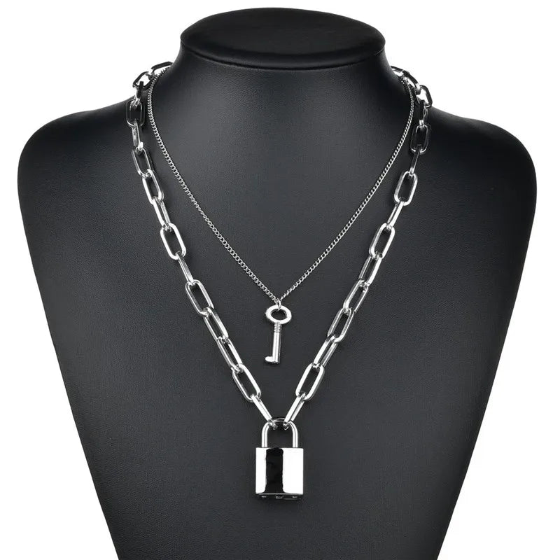 Silver-Tone Layered Lock Chain Choker Necklace