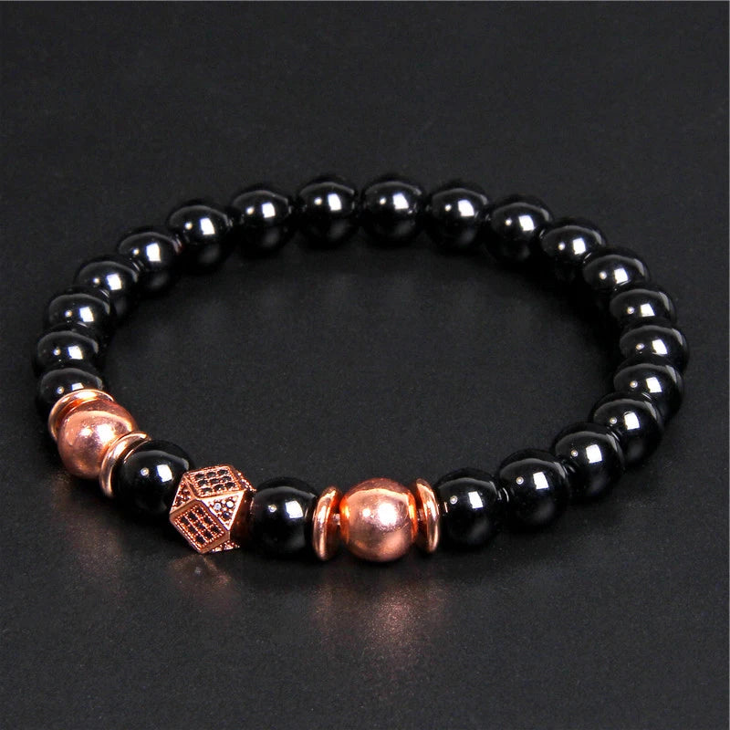 Black Beaded Round Metal Ball Bracelet for Men — Two-Tone