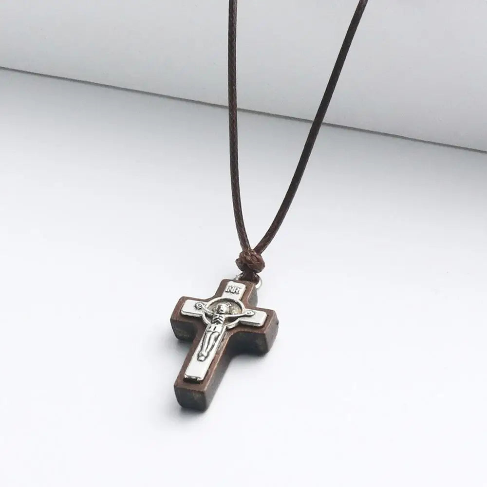 Natural Wood Jesus Crucifix Pendant Necklaces for Men INRI Catholic Cross Necklace Leather Adjustable Rope Chain
