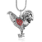 Rooster Pendant Necklace Red CZ Animal Portrait — Stainless Steel