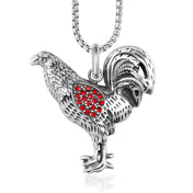 Rooster Pendant Necklace Red CZ Animal Portrait — Stainless Steel