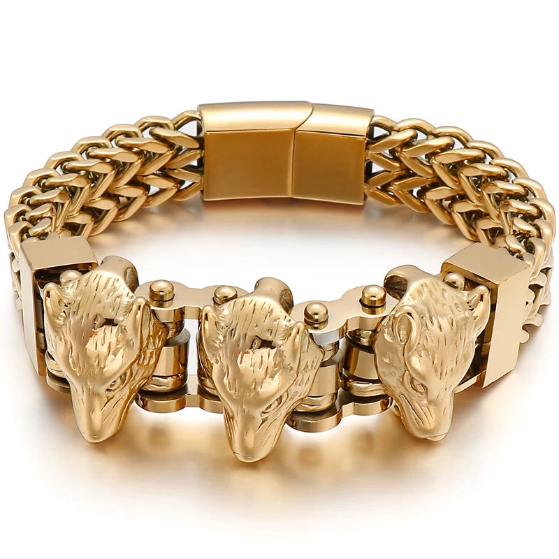Gold Color Stainless Steel Chain Bracelet for Man Punk Gothic Skull Wristband With Magnetic Clasp Animal Head Homme