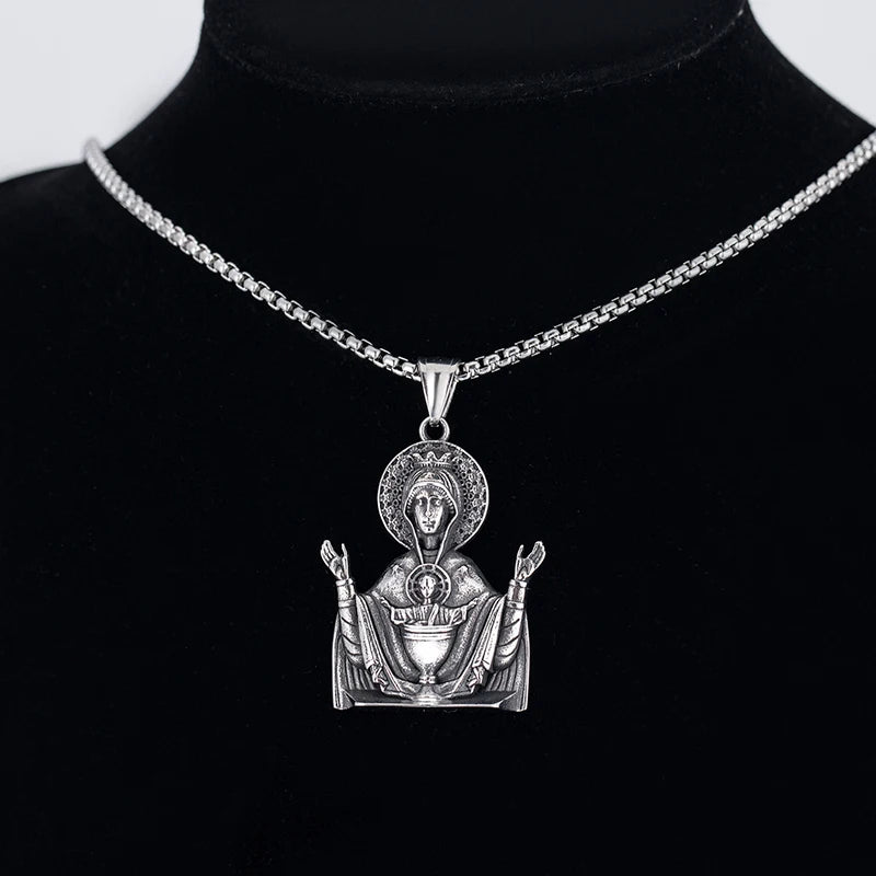 Fine Handmade 316L Stainless Steel Christian Virgin Mary Pendant Necklace for Men and Women