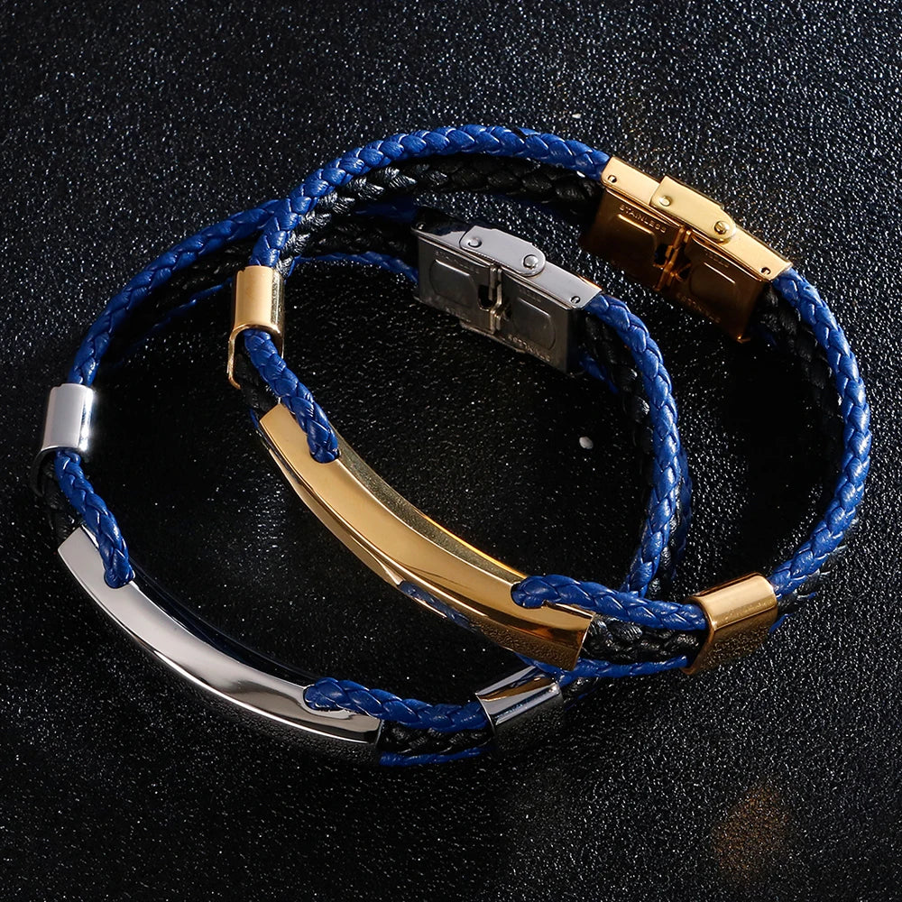 Luxury Braided Three-tier Layer Blue Leather Bracelet for Men Gold Color Stainless Steel Adjustable Mens Charm