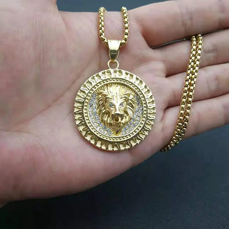 Men's Women Iced Out Cubic Zircon Bling Lion Head Necklace & Pendant Gold Silver Color Stainless Steel Hip Hop Jewelry