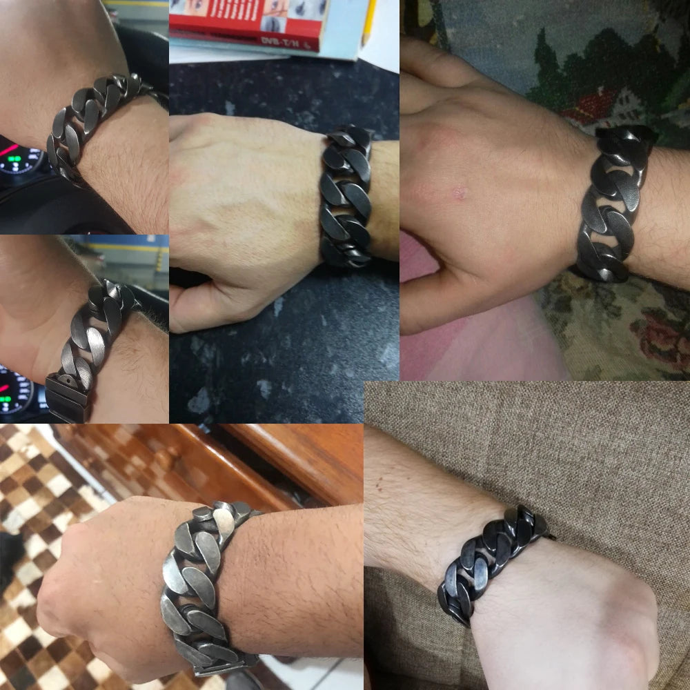 Cool 24MM Wide Cuban Chain Link Men's Bracelets Heavy Black Stainless Steel Man Bracelet for Men With Belt Buckle Metal