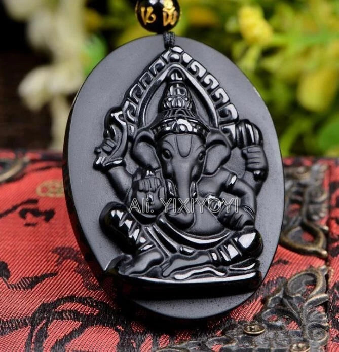 Black Obsidian Elephant Buddha Wealth Necklace — Black-Tone