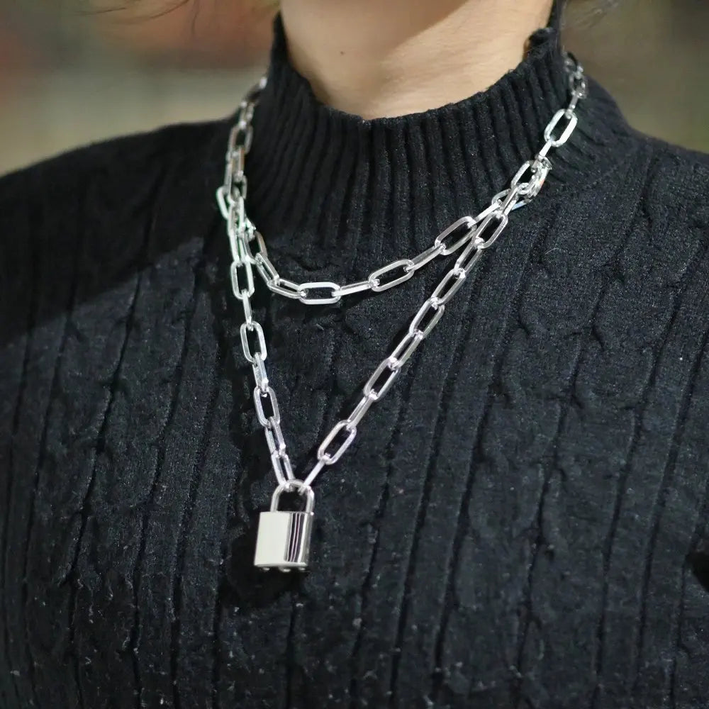 Two-Tone Lock Pendant Double Layer Chain Necklace