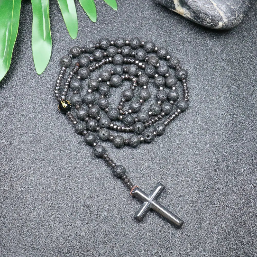 Rosary Necklace For Men Women 8mm Tiger Eye Black Obsidian Beads Necklace Christ Buddhist Meditation Cross Necklace Jewelry