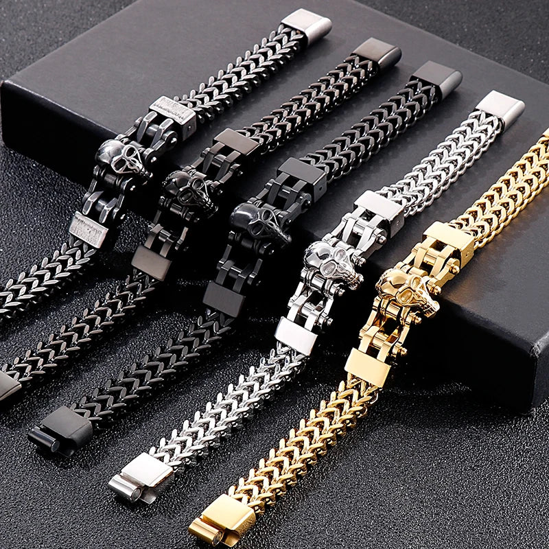 Gothic Stainless Steel Men's Bracelets With Skull Head Double Layer Franco Link Curb Chain Bracelet Man Jewelry With