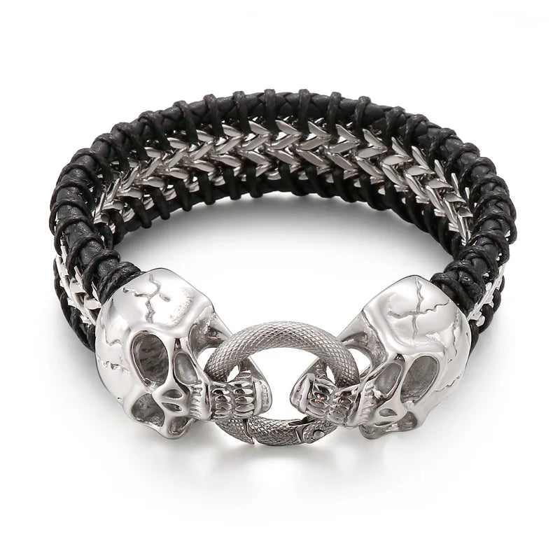 Gothic Skull Head Men's Bracelets Cowhide Leather & Stainless Steel Wristband Man Viking Homme Armband Hand Chain Male