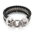 Gothic Skull Head Men's Bracelets Cowhide Leather & Stainless Steel Wristband Man Viking Homme Armband Hand Chain Male