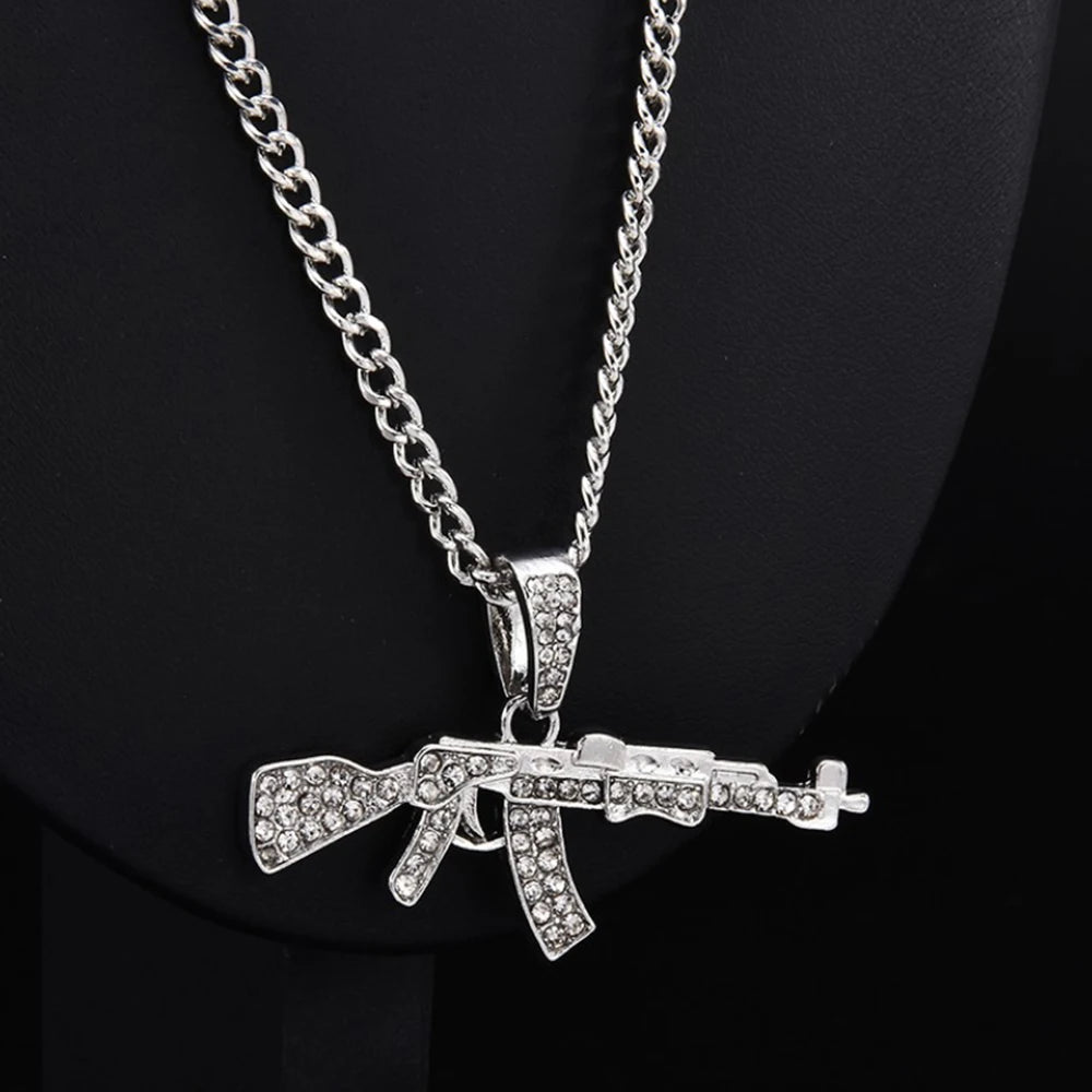 Gun Pendant Crystal Choker Rhinestone Chain Necklace — Two-Tone