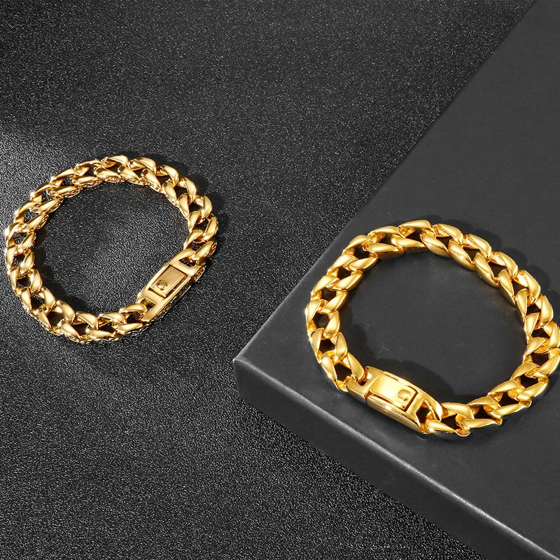 Luxury Gold Color Stainless Steel Bracelet for Man 12MM Wide On Hand Chain Homme Armband Men's Wristband Boyfriend