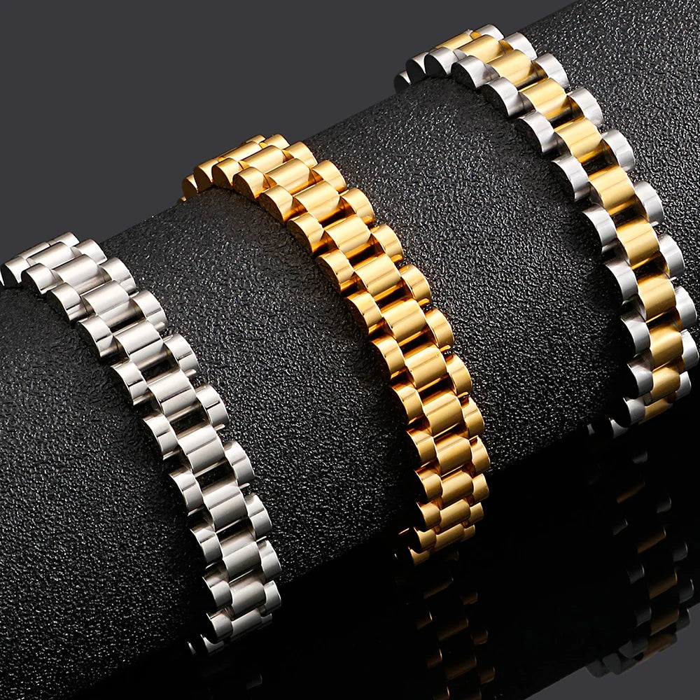 10MM Wide Watch Strap Chain Bracelet Men Luxury Gold Color Stainless Steel Bracelets For Women Finger Ring Men's Single