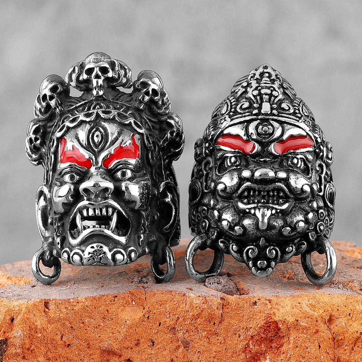 Tibetan Buddhist Raksha Deity Head Ring — Stainless Steel