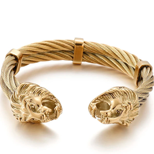 Gothic Gold Color Stainless Steel Wolf Lion Head Open Bangle Cuff Bracelet For Man Men's Boys On Hand Jewellery