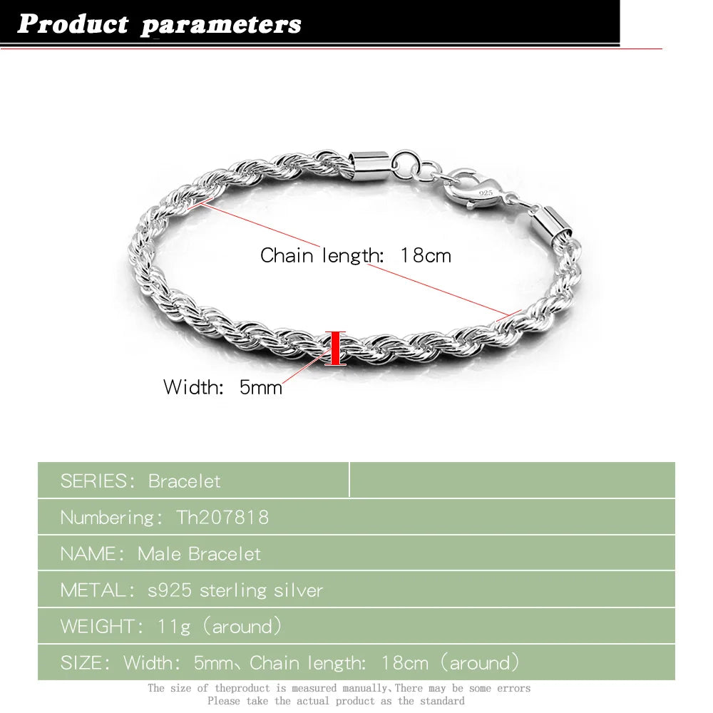 Fashion Men 100% Solid 925 Sterling Silver Bracelet Rope Chain 5MM 17-20CM Bangle For Man & Boy Cuff Jewelry Gift