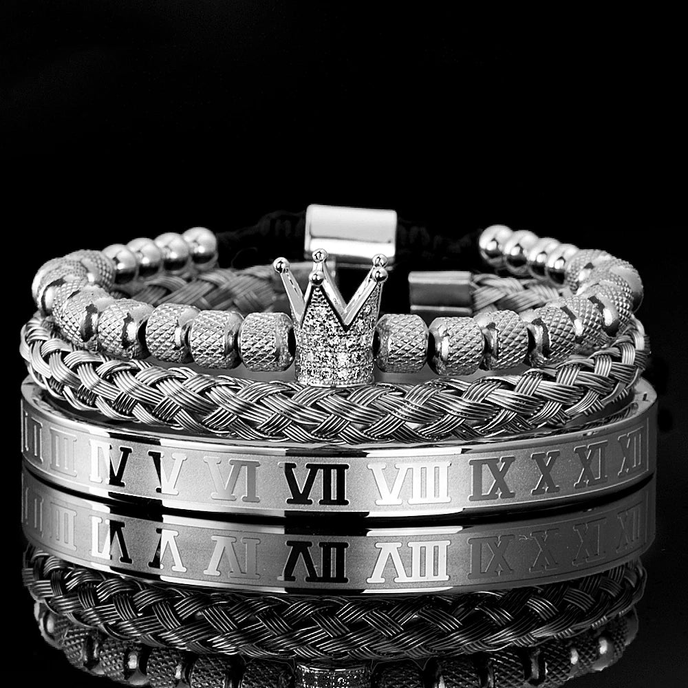 Luxury Micro Pave CZ Crown Roman Royal Charm Men Bracelets Stainless Steel Crystals Bangles Couple Jewelry Gift
