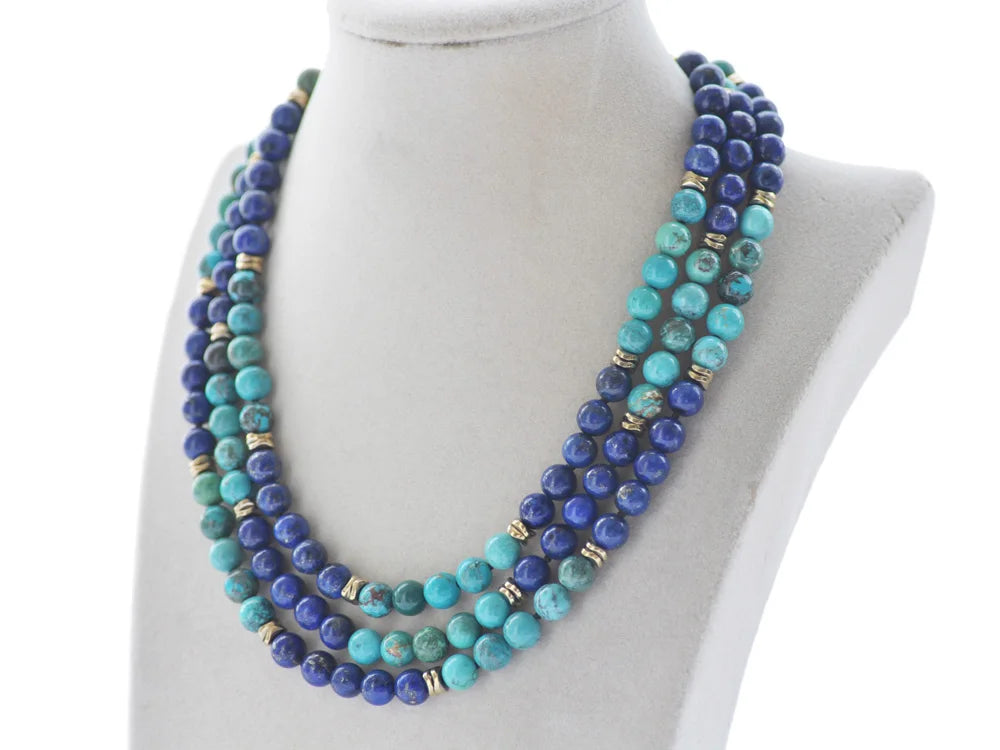 Green Turquoise Blue Lapis Lazuli Hematite Bead Necklace, 8mm