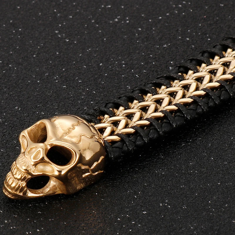 Gothic Skull Head Men's Bracelets Cowhide Leather & Stainless Steel Wristband Man Viking Homme Armband Hand Chain Male