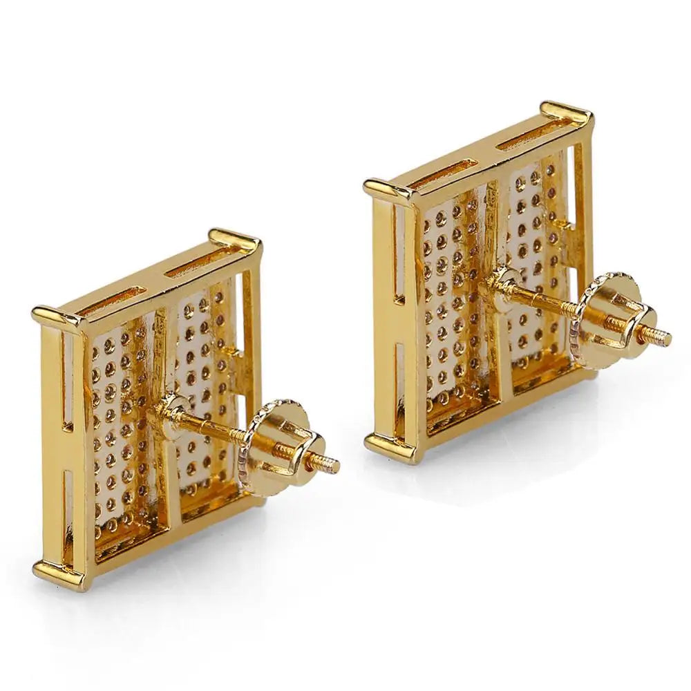 Iced Out Square Stud Earrings — Micro Pave CZ, Gold-Tone