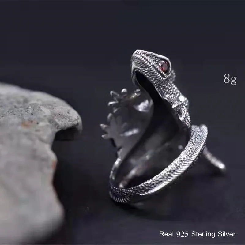 Buyee 925 Sterling Silver Male Unique Ring Finger Gray Lizard Animal Open Ring for Men Fashion Punk Big Fine Jewelry Circle