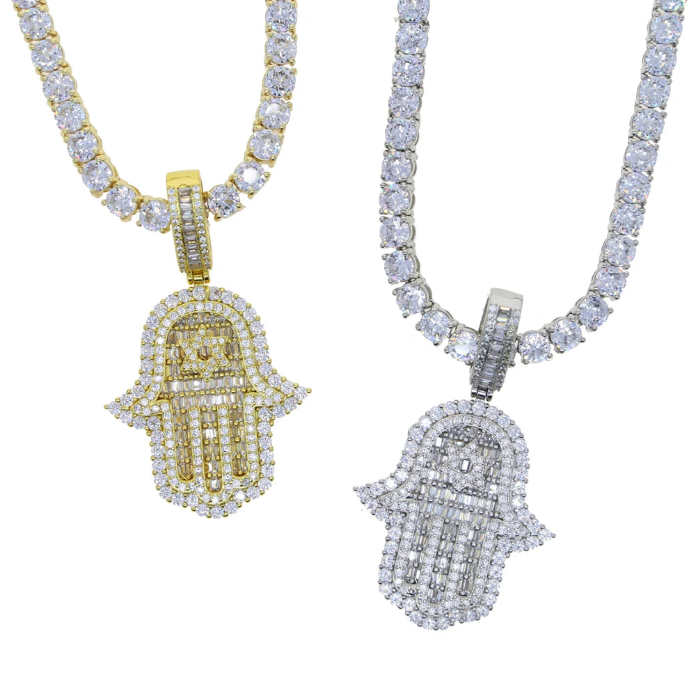 Iced Out Hamsa Hand Pendant Necklace Micro Pave Cubic Zirconia For Women Bling 5A CZ Box Chain Hip hop Boy Men Jewelry