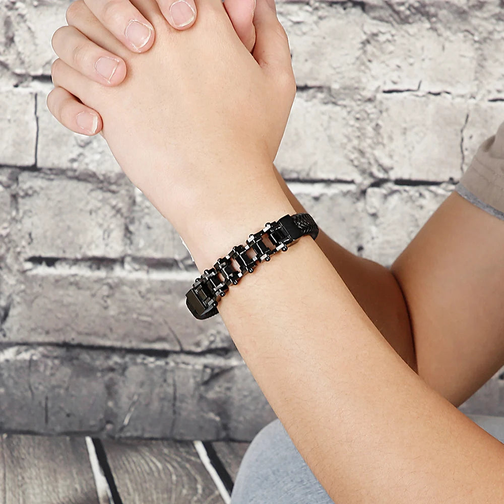 Stainless Steel Bikers Motorcycle Bike Chain Man Bracelet for Men Braided Leather Cuff Wrap Wristband Bangle With
