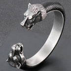 Stainless Steel Wolf Head Cuff Open Bangle Bracelet Man Black Leather Elastic Adjustable Boys On Hand Bracelets Men‘s