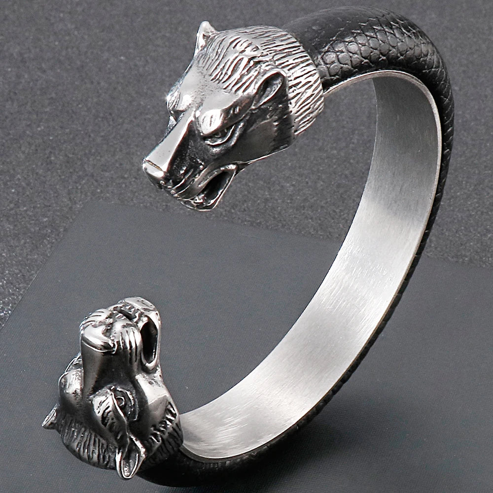 Stainless Steel Wolf Head Cuff Open Bangle Bracelet Man Black Leather Elastic Adjustable Boys On Hand Bracelets Men‘s