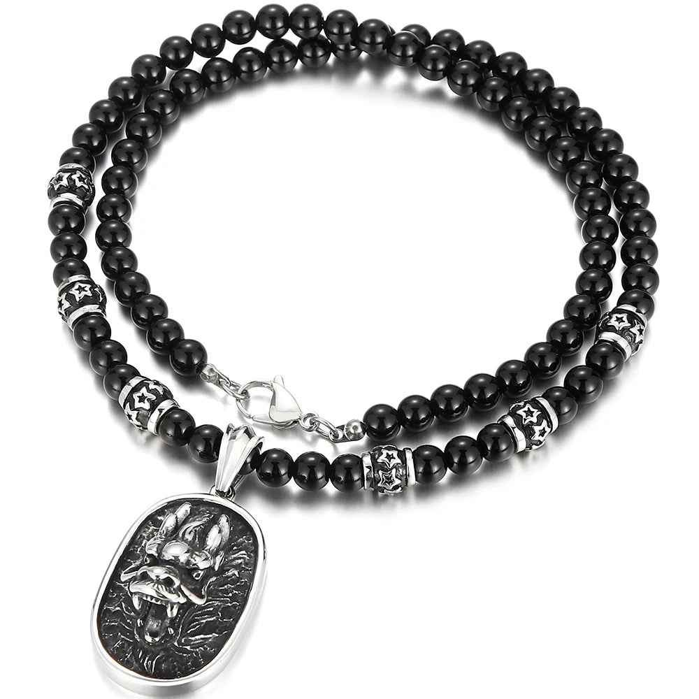 Men's Steampunk Dragon Wolf Head Pendant Necklace For Men Man 8MM Width 70CM Long Agate Stone Bead Chain Stainless