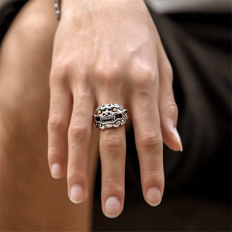 Retro Golden Eye Tang Lion Ring For Men Punk Gothic Open Ring Designer Jewelry Unisex Accessories Cultural Bless Gift