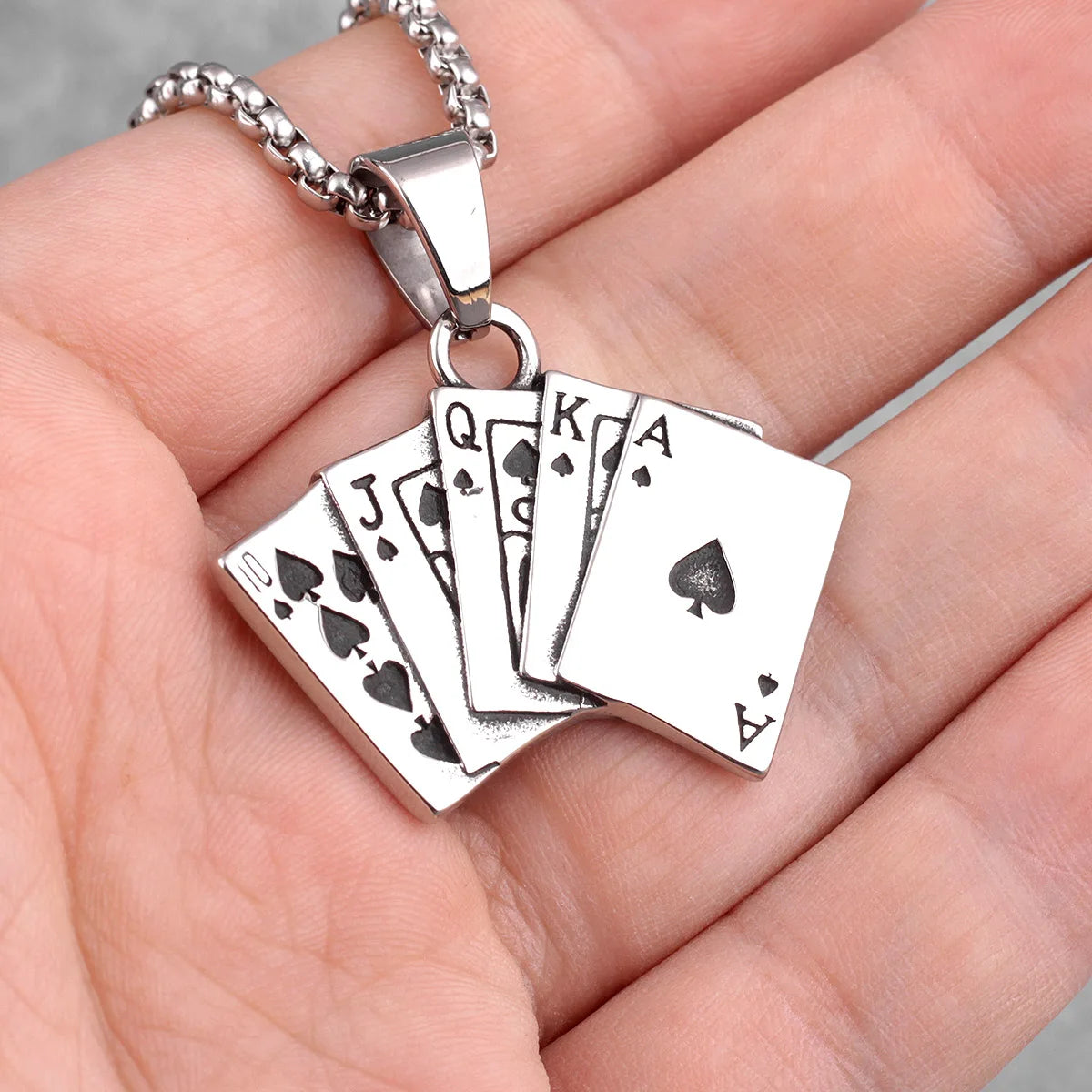 Flush Poker Gambling Long Men Necklaces Pendants Chain Punk for Boyfriend Male Stainless Steel Jewelry Creativity Gift