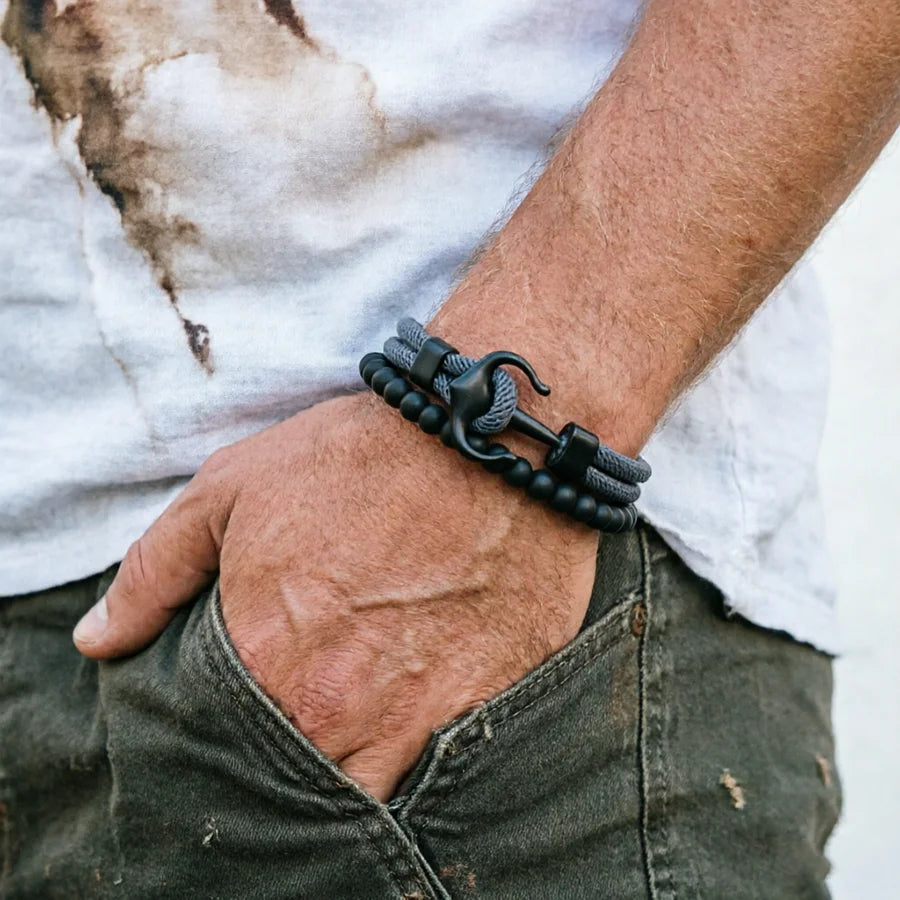Stylish 2Pcs Men Anchor Bracelet Set Grade A 4mm Cord Sweat Wicking Sports Wrist Accessories Perfect Gift For Him