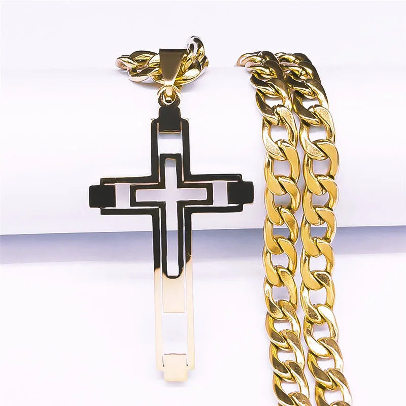 Hip Hop Cross Stainless Steel Chain Necklaces Gold Color Long Pendant Necklace for Women Men Christian Jewelry collier