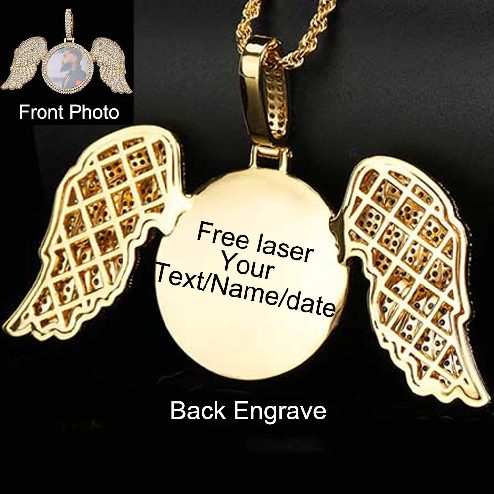 Angel Wings Photo Pendant Necklace Iced Out