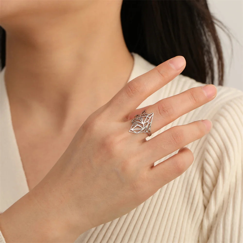 Hollow Geometric Animal Head Adjustable Ring — Stainless Steel