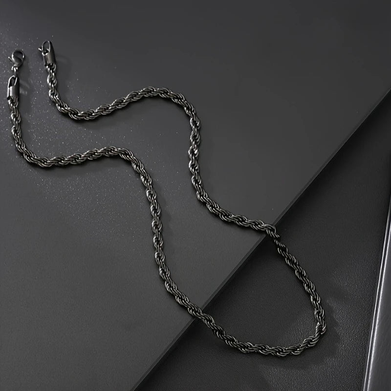 45/50/60/70cm One-piece Black Color Stainless Steel Twisted Rope Necklace, Men's Classic and Fashionable Daily Accessory Jewelry